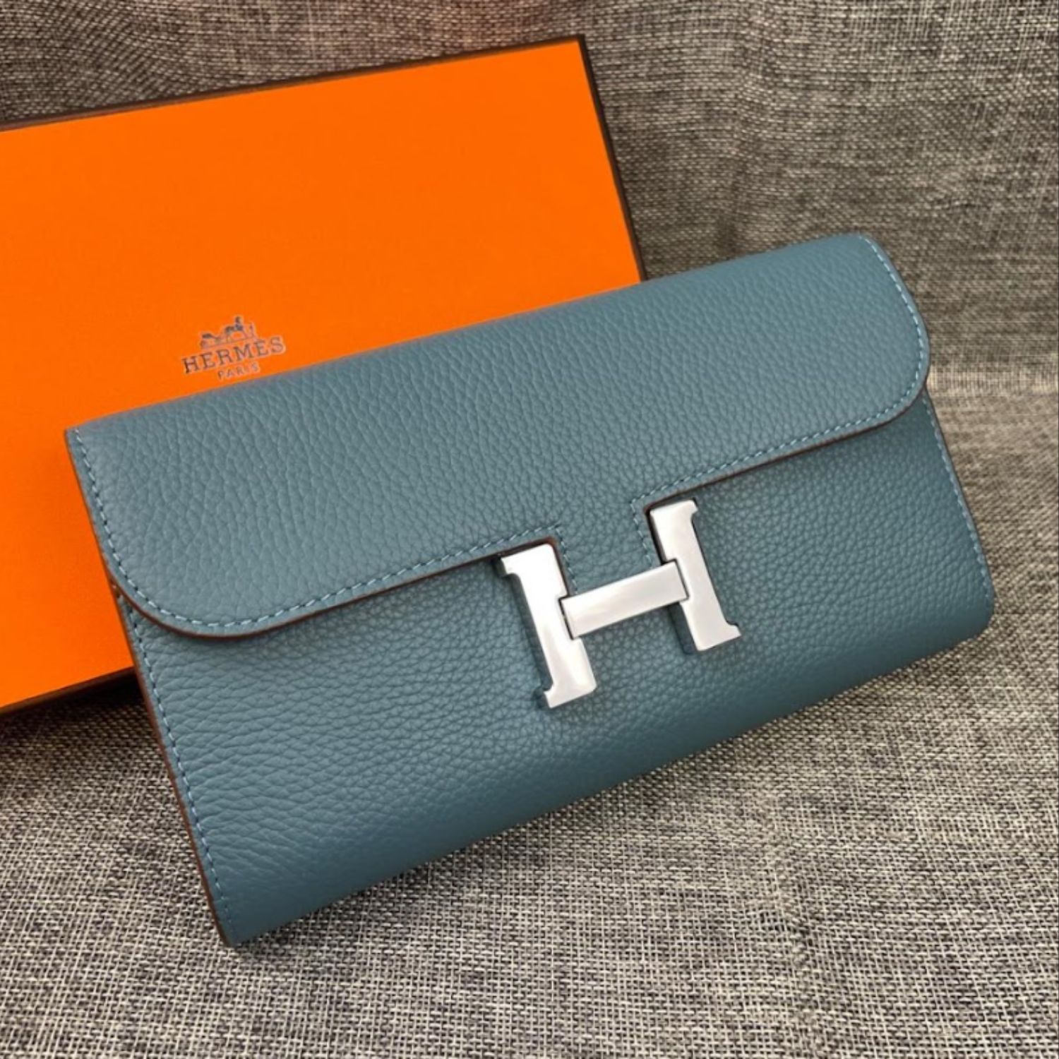 H**me5 Constance Togo Long Wallet 20cm/7.9in Silver Toned Hardware For Women Blue