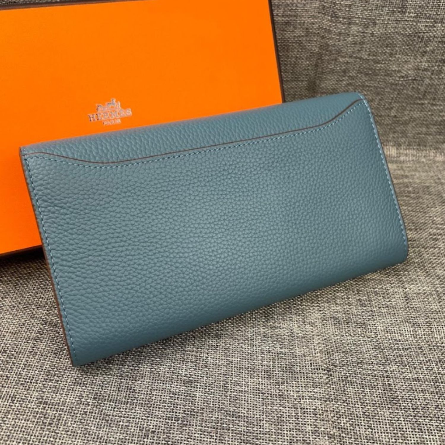 H**me5 Constance Togo Long Wallet 20cm/7.9in Silver Toned Hardware For Women Blue