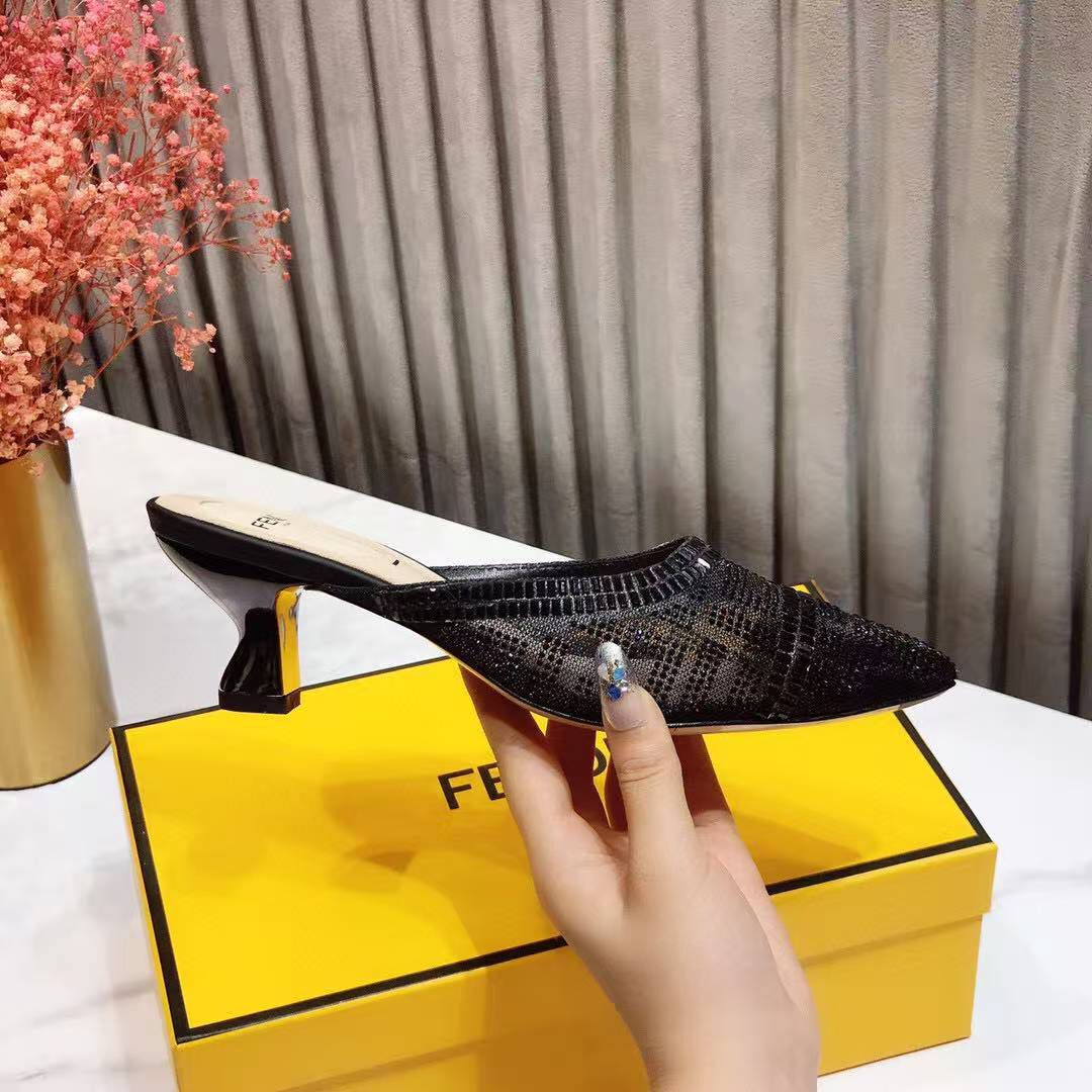 F**di Colibri Crystal FF Sabot Mules 55mm Spring/Summer Collection Black
