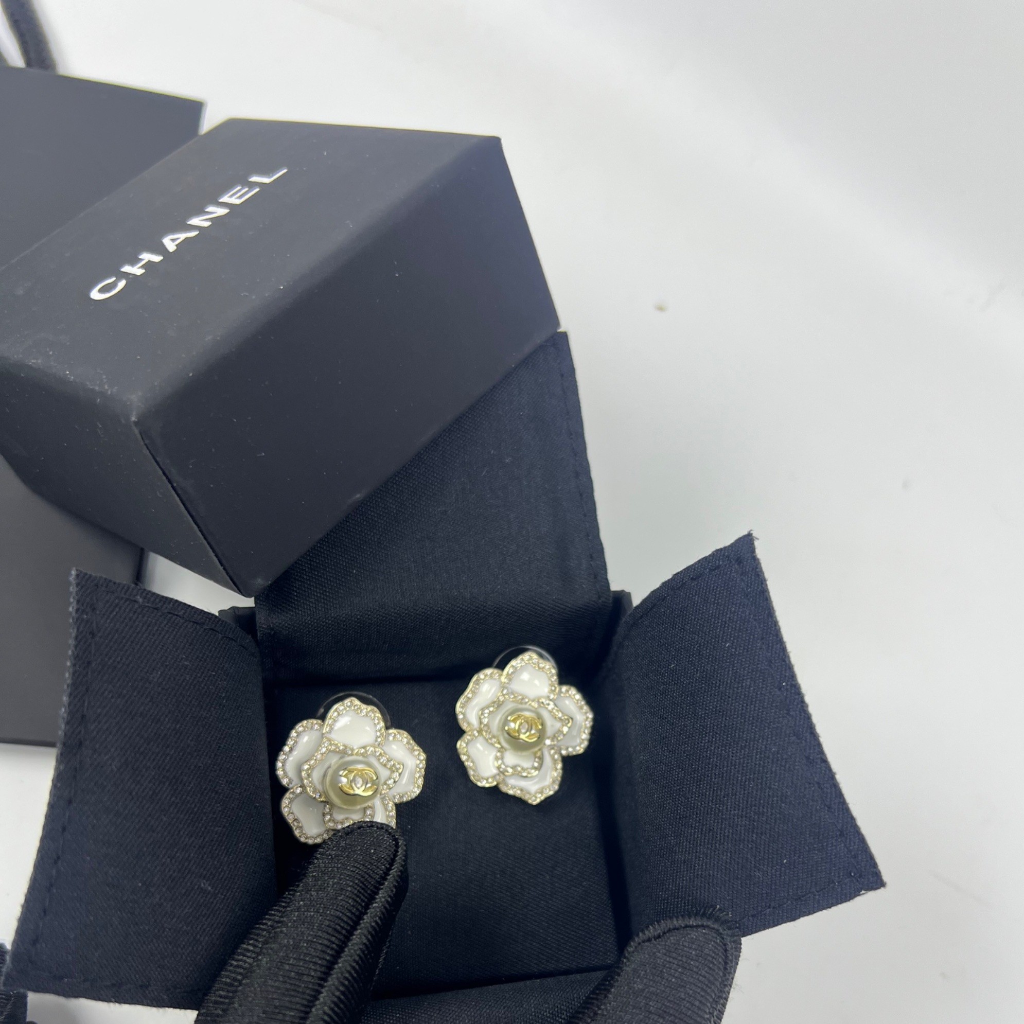 Ch**el Sweet Lady Camellia Earrings White For Women