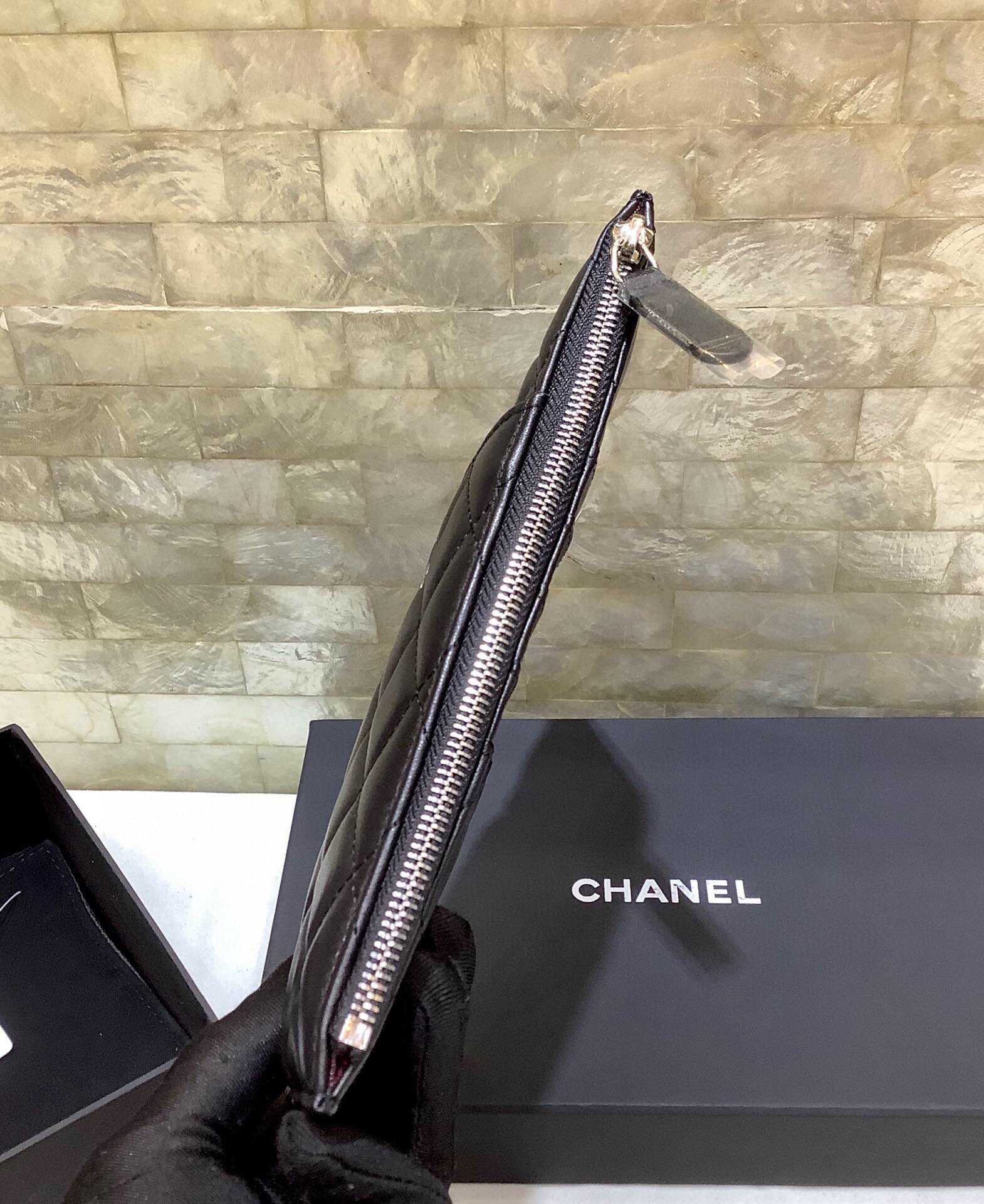 Ch**el CO-CO Mini Pouch Wallet Black Silver Hardware For Women 19cm/7.5in