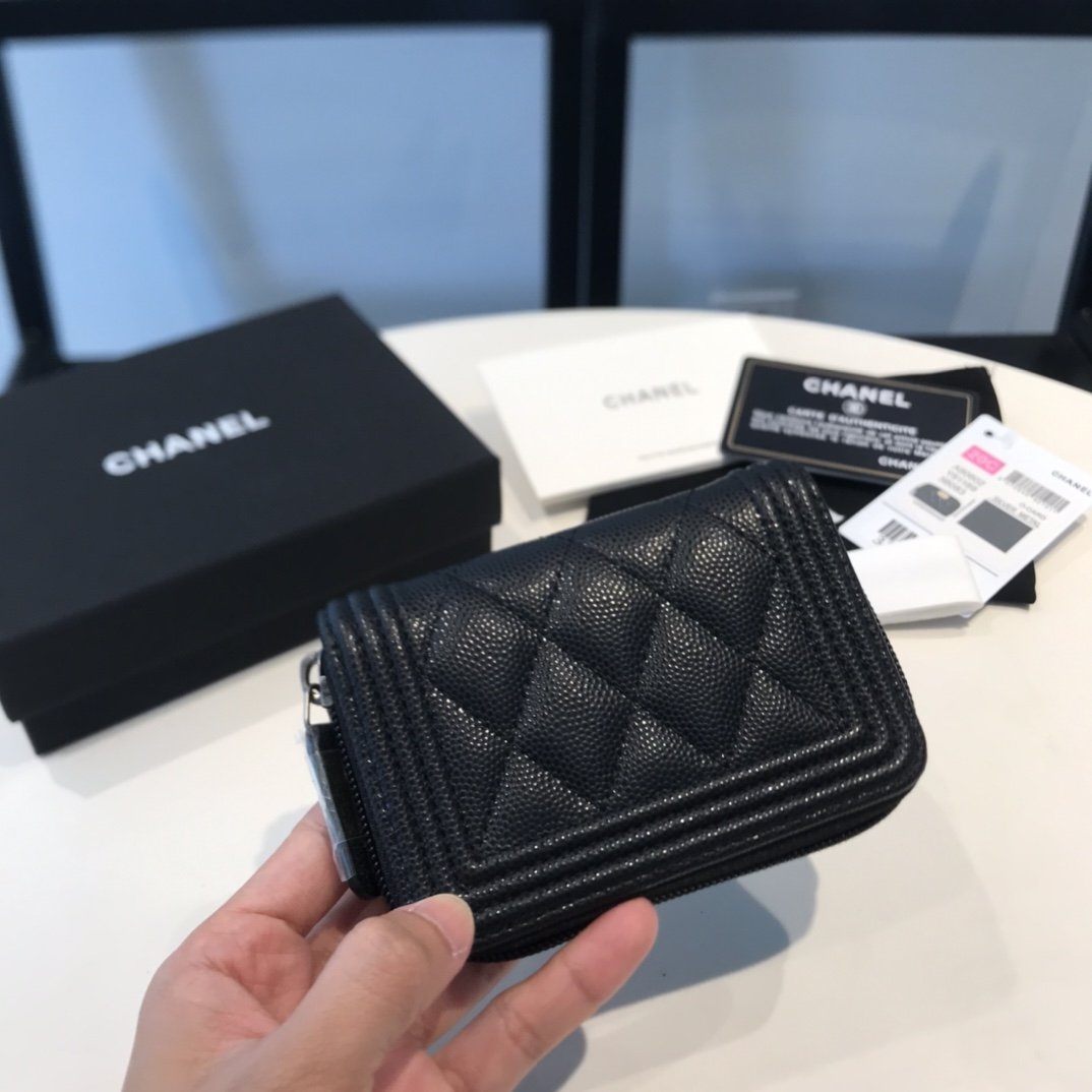 Ch**el CO-CO Boy Flap Card Holder Black Silver Hardware For Women 11.5cm/4.5in