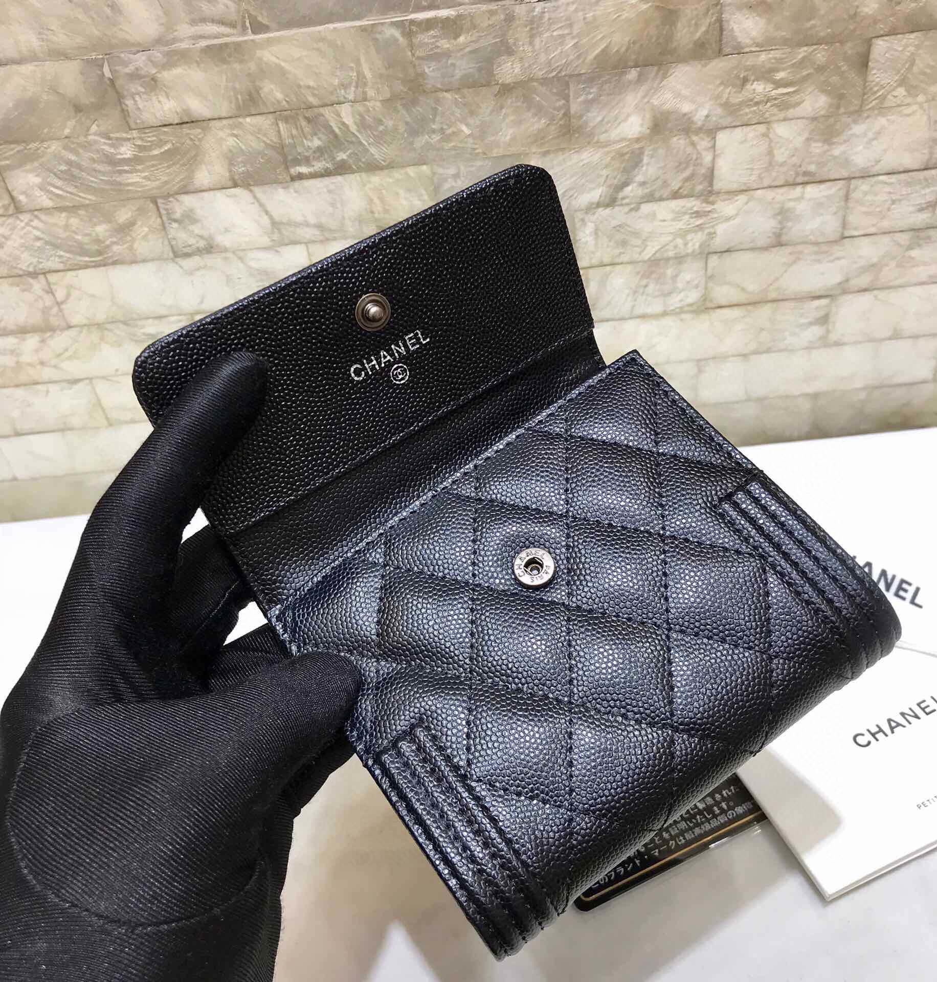 Ch**el CO-CO Flap Card Holder Wallet Black Silver Hardware For Women 11.5cm/4.5in