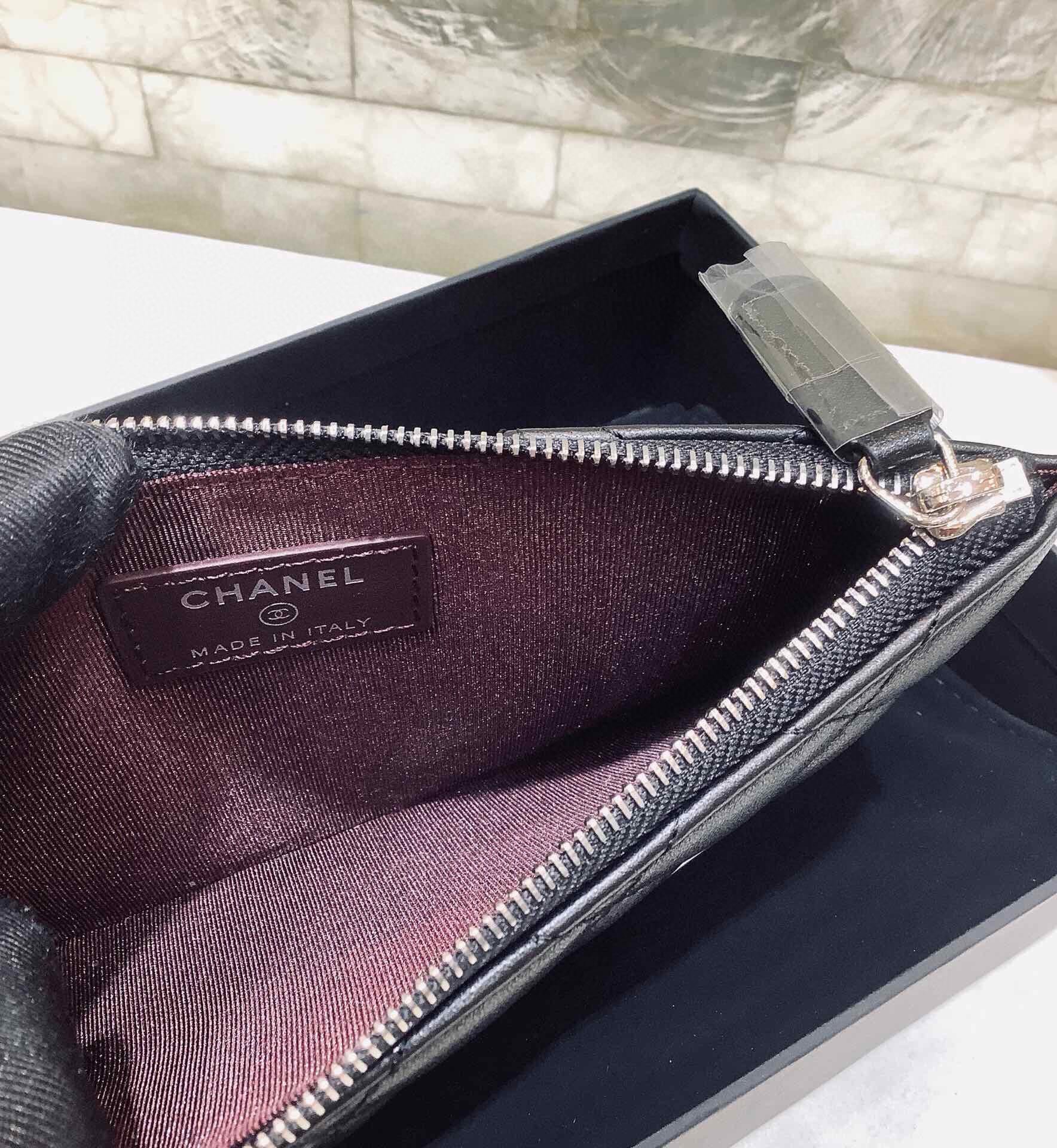 Ch**el CO-CO Mini Pouch Wallet Black Silver Hardware For Women 19cm/7.5in