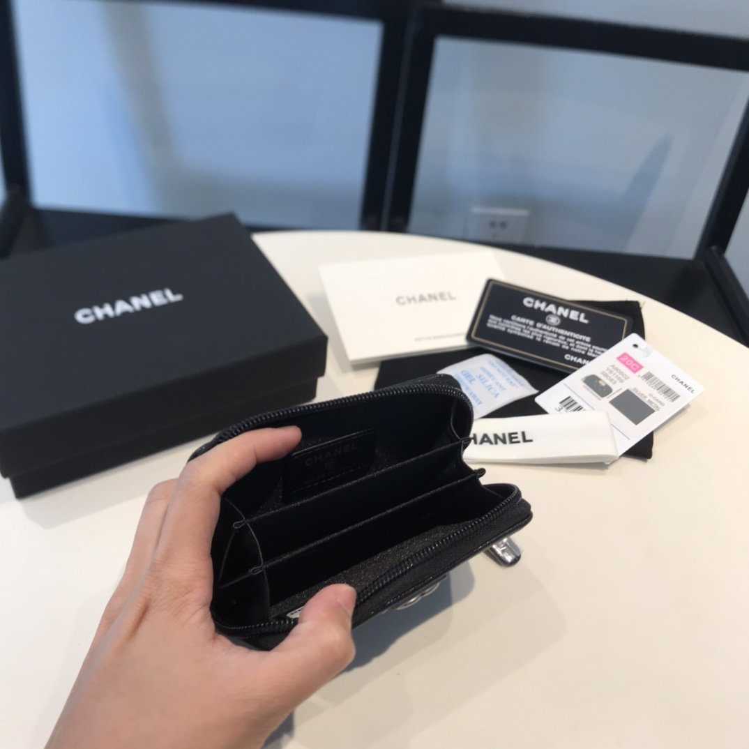 Ch**el CO-CO Boy Flap Card Holder Black Silver Hardware For Women 11.5cm/4.5in