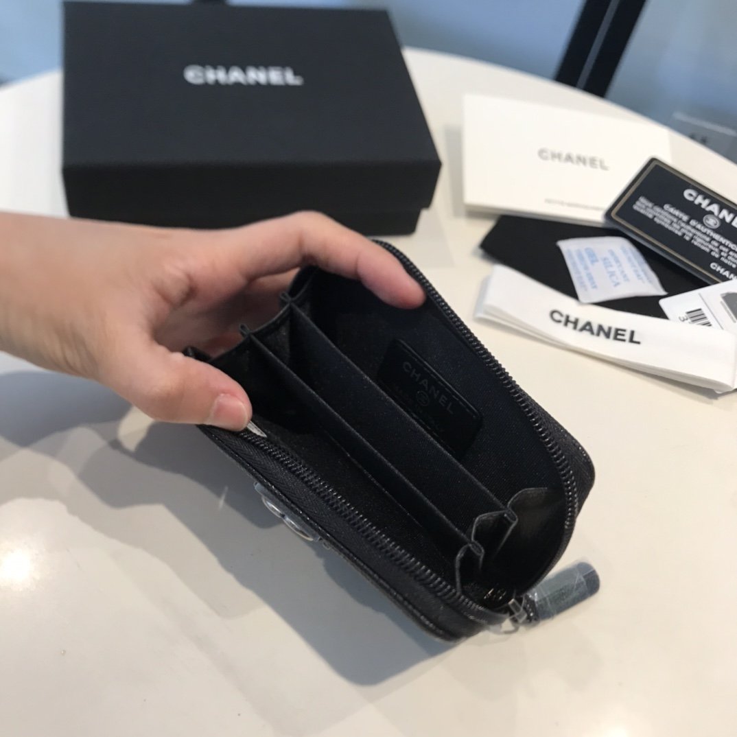 Ch**el CO-CO Boy Flap Card Holder Black Silver Hardware For Women 11.5cm/4.5in