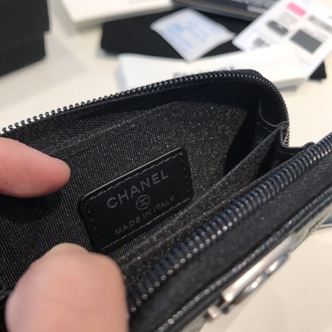 Ch**el CO-CO Boy Flap Card Holder Black Silver Hardware For Women 11.5cm/4.5in