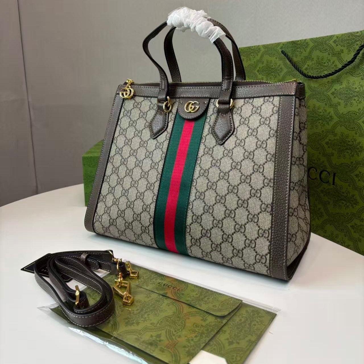 Gvc*1 Ophidia GG Medium Tote Bag Beige/Ebony GG Svp*me Canvas With Brown For Women 13in/33cm GG 524537 K05NB 8745