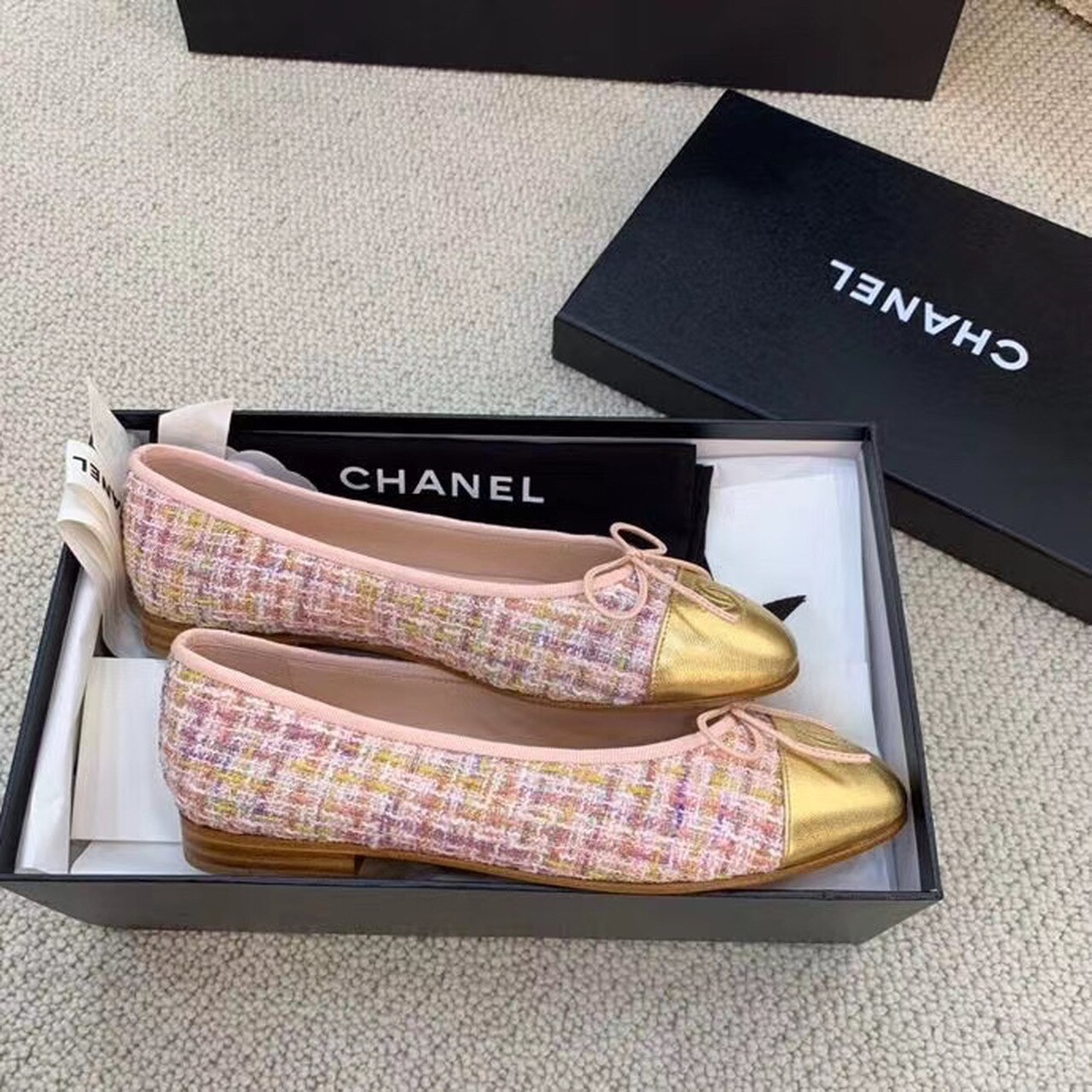 Ch**el Ballerina Flats Tweed and Grosgrain Pink/Gold For Women, Women’s Shoes G02819