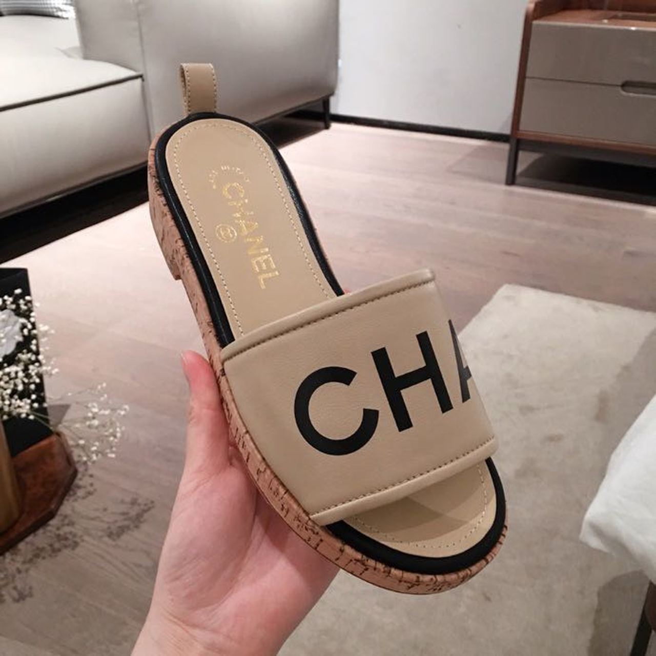 Ch**el Woven Chain Cork Sandals Tweed Beige/Black For Women, Women’s Shoes