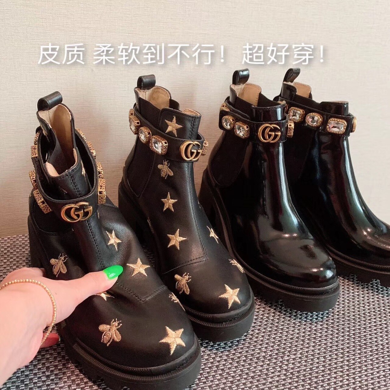 Gvc*1 Star And Bee Embroidered Trip Ankle Boots Black For Women GG