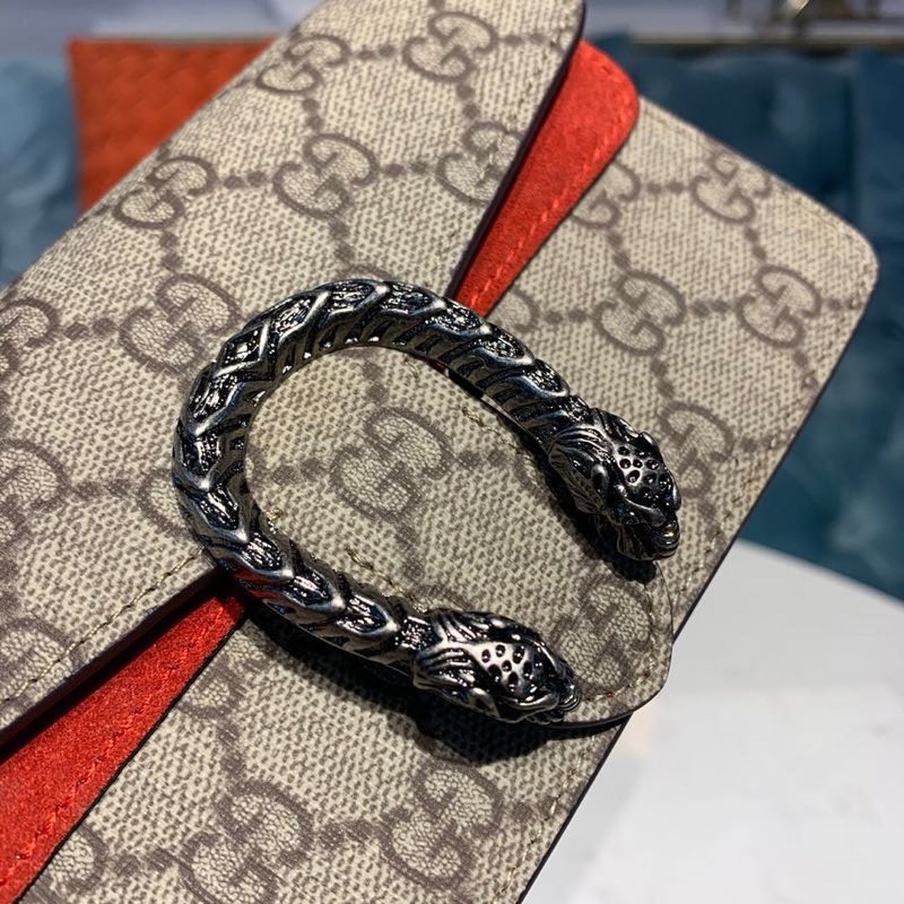 Gvc*1 Dionysus Svp*me S*per Mini Bag Beige/Ebony GG Svp*me Canvas Red Suede 6.5in/16.5cm GG 476432