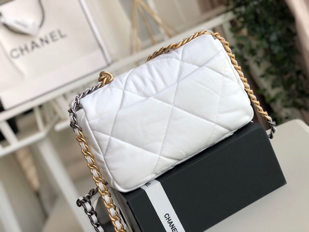 Ch**el 19 HandBag White For Women 10.1in/26cm AS1160