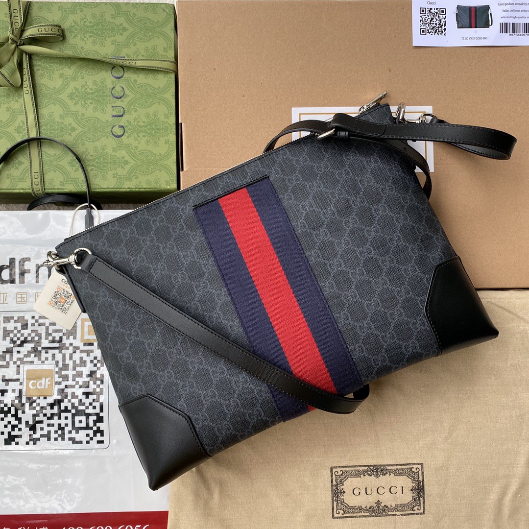 Gvc*1 Black Messenger Black/Grey GG Svp*me Canvas Blue And Red Web For Men 14in/35cm 474139 K5ICN 1095