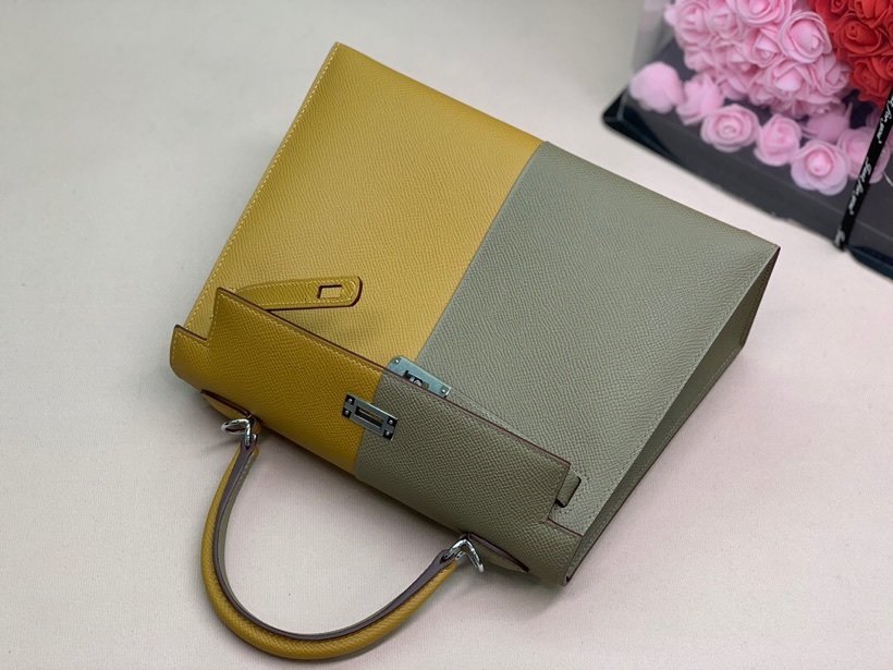 H**me5 Kelly 28 Sellier Epsom Bag Grey/Yellow For Women, Women’s Handbags, Shoulder Bags 11in/28cm