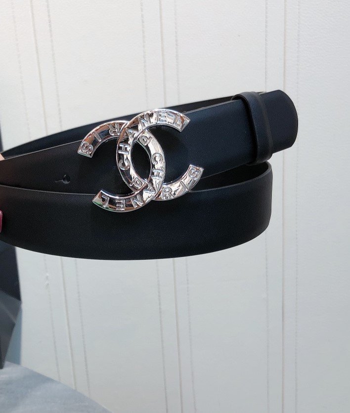 Ch**el Belt With Double C Buckle Black With Full Silver Hardware Women Belt