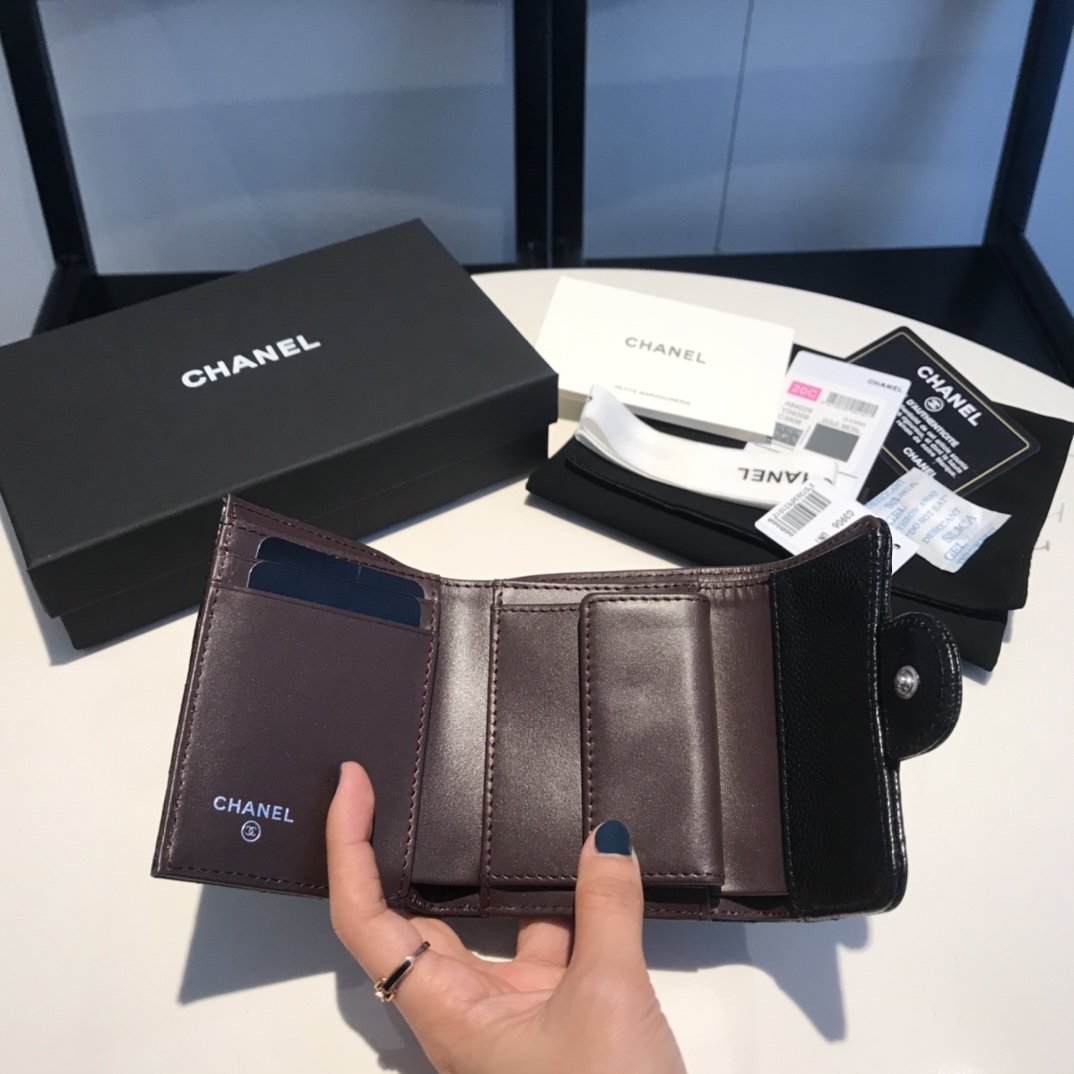 Ch**el CO-CO Classic Card Holder10.5cm/4.1in Silver Hardware For Women Black