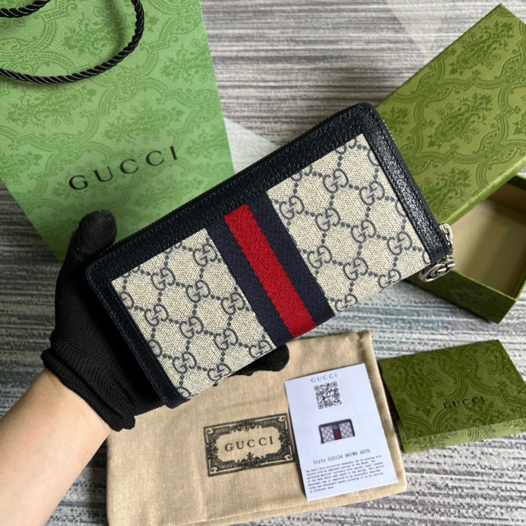 Gvc*1 Ophidia GG Zip Around Wallet Beige With Red and Dark Blue Stripes With Silver Hardware For Men 8in/19cm GG