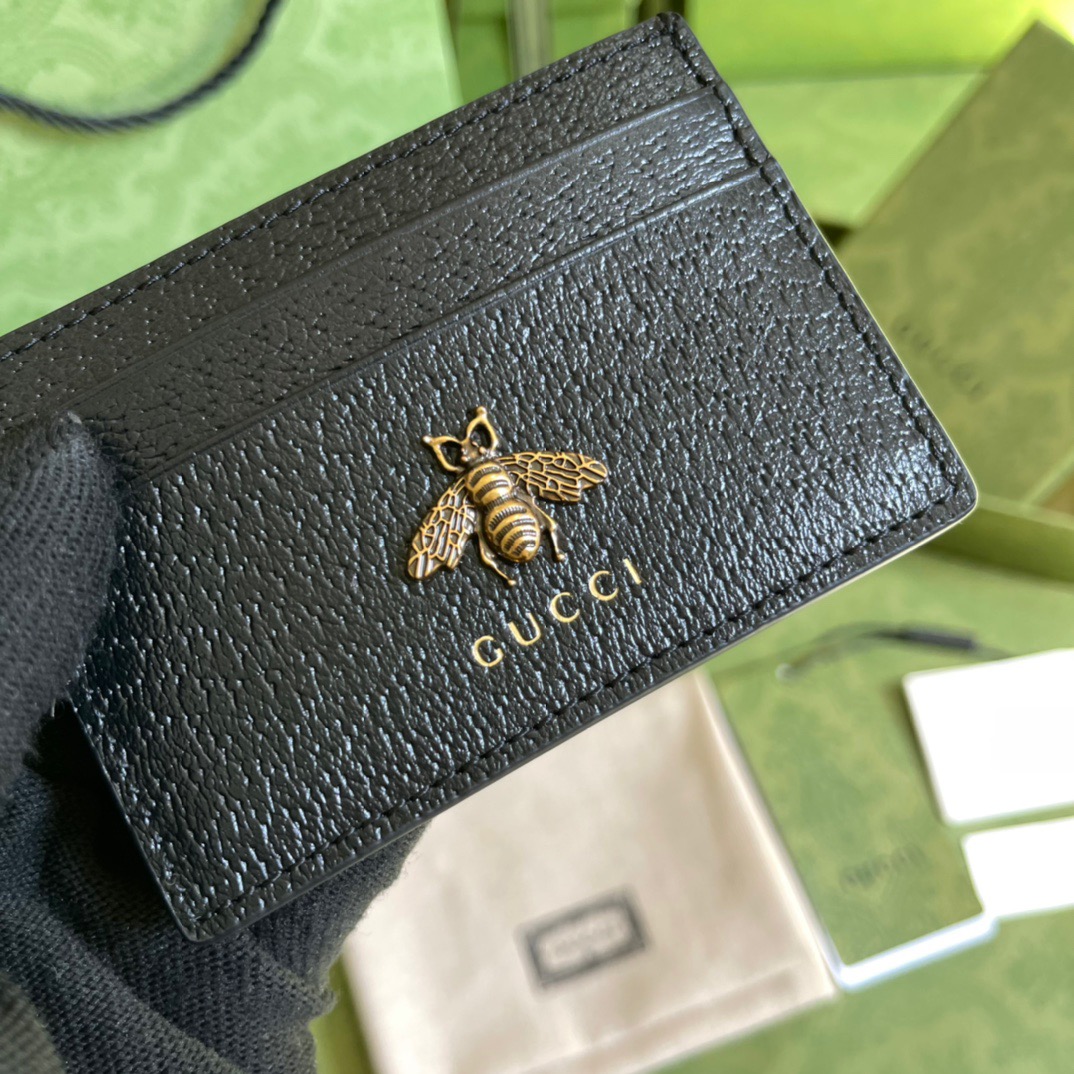 Gvc*1 Animalier Card Case Black with Metal Bee For Men 4in/10cm GG 523685 DJ20T 1000