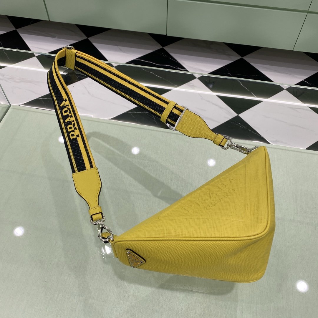 [True-to-ORIGINAL] Pra*a Saffiano Triangle Bag Yellow For Women, Women’s Bags 11in/28cm 2VH155_2FAD_F0377_V_OOO