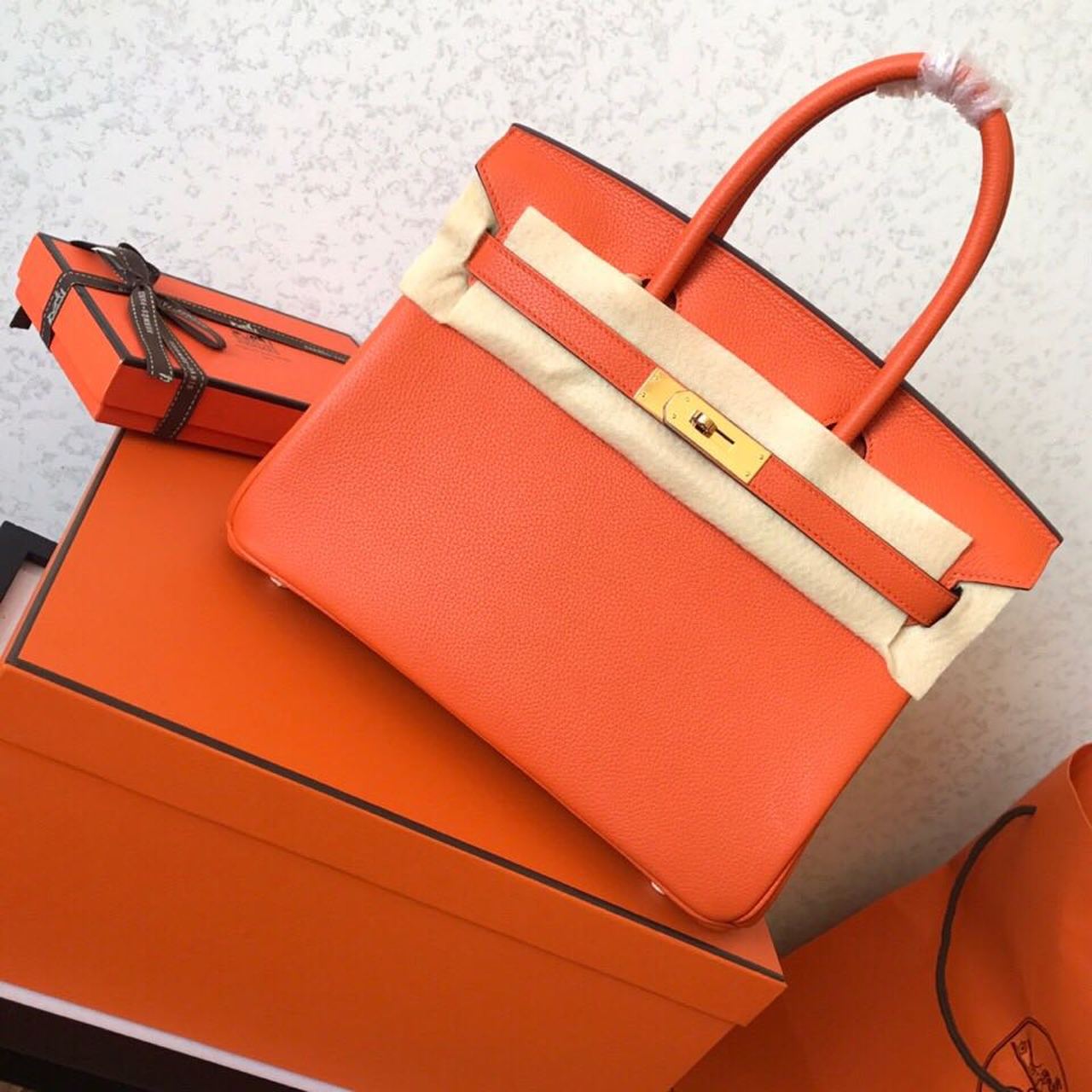 H**me5 Birkin Electric Orange Poppy 8V For Women Gold Toned Hardware 11.8in/30cm