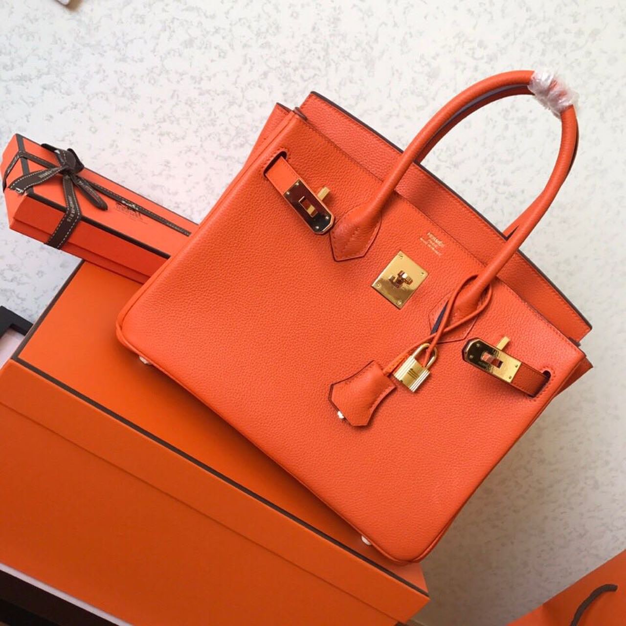 H**me5 Birkin Electric Orange Poppy 8V For Women Gold Toned Hardware 11.8in/30cm