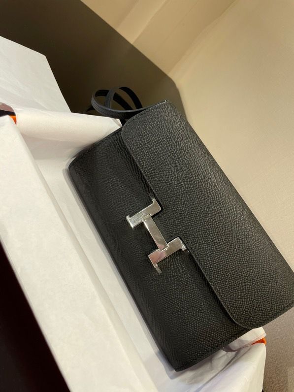 H**me5 Constance Togo Long Wallet  21cm/8.3in Silver Toned Hardware For Women Black