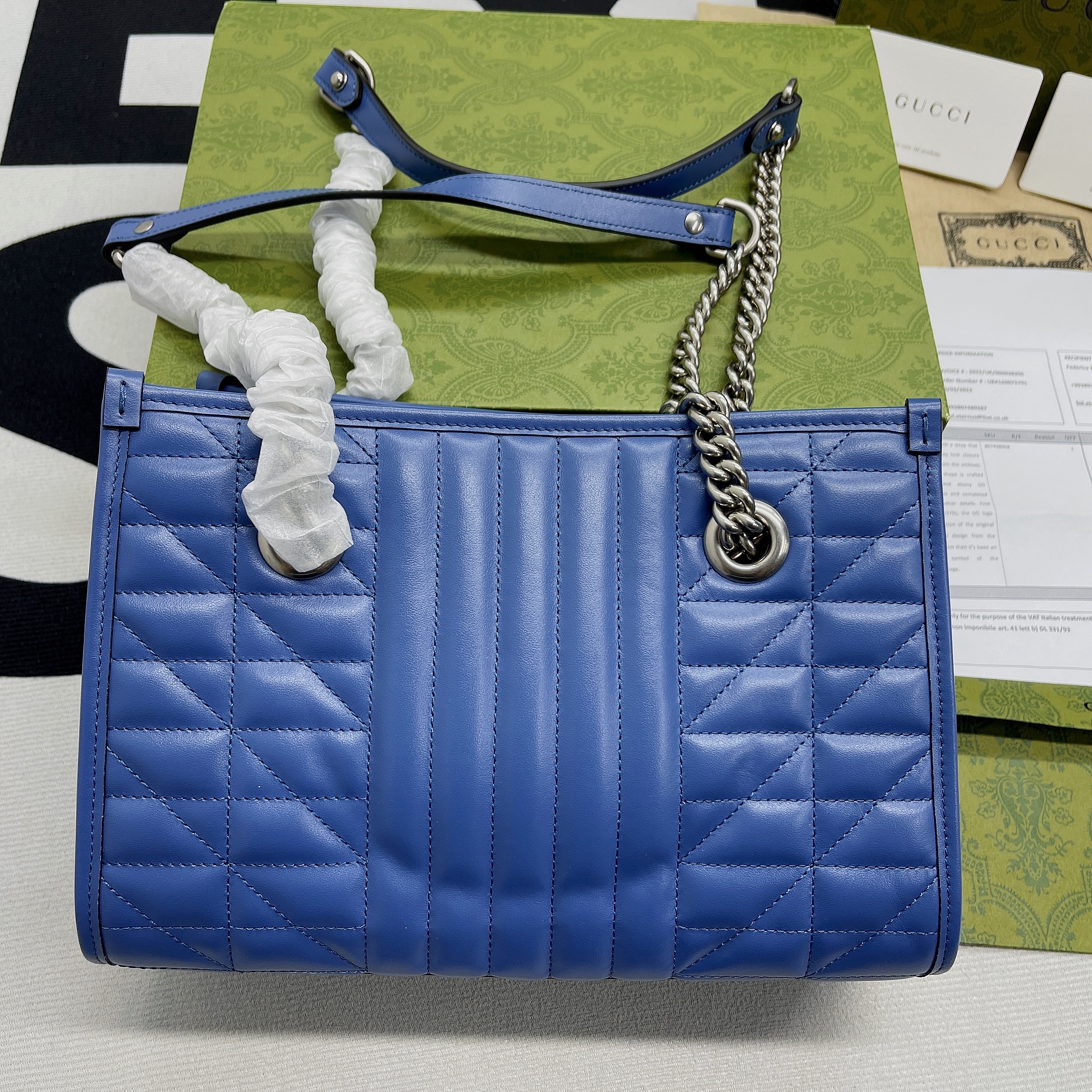 [True-to-ORIGINAL] Gvc*1 Marmont Small Matelasse Tote Blue For Women, Women’s Bags 26.5 in/10.4cm GG ‎‎675796 UM8BF 4340