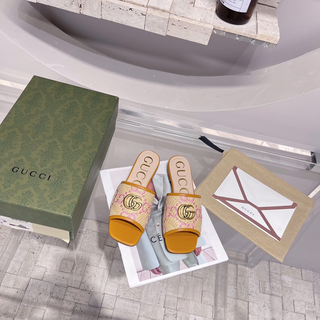 Gvc*1 Women’s GG Raffia Effect Slide Orange For Women GG 701106 UWB90 9670