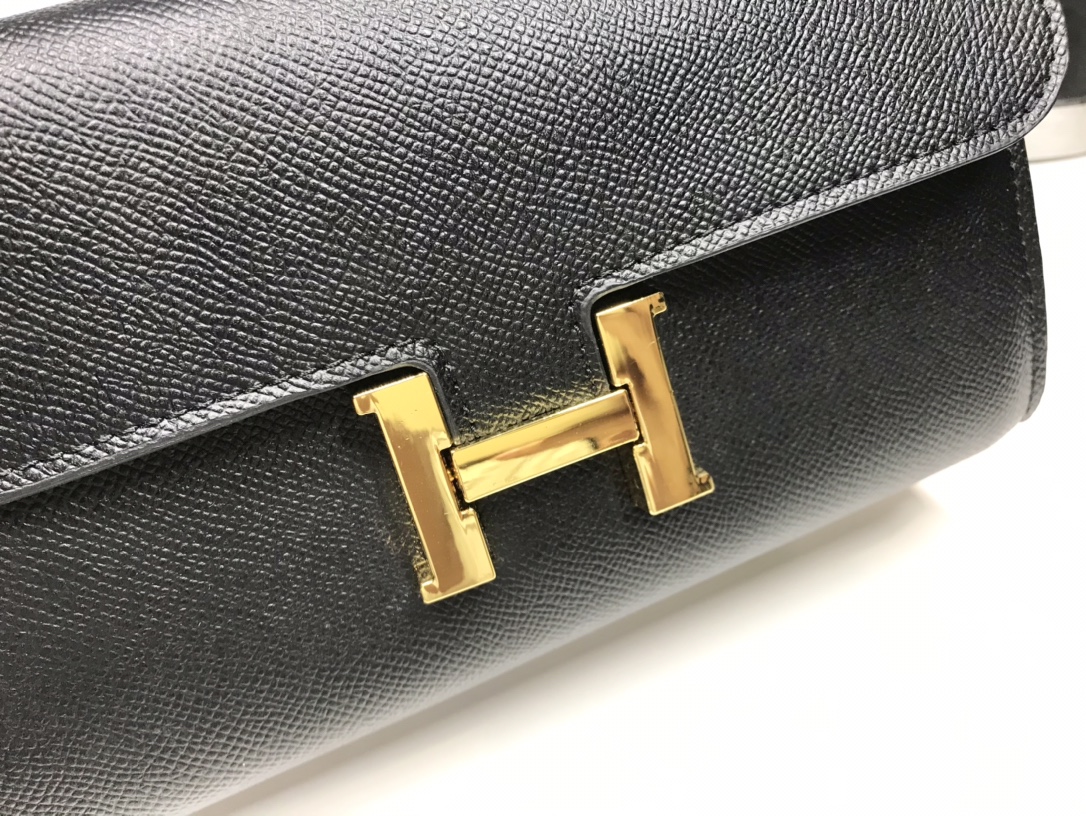 H**me5 Constance Togo Long Wallet  21cm/8.3in Gold Toned Hardware For Women Black