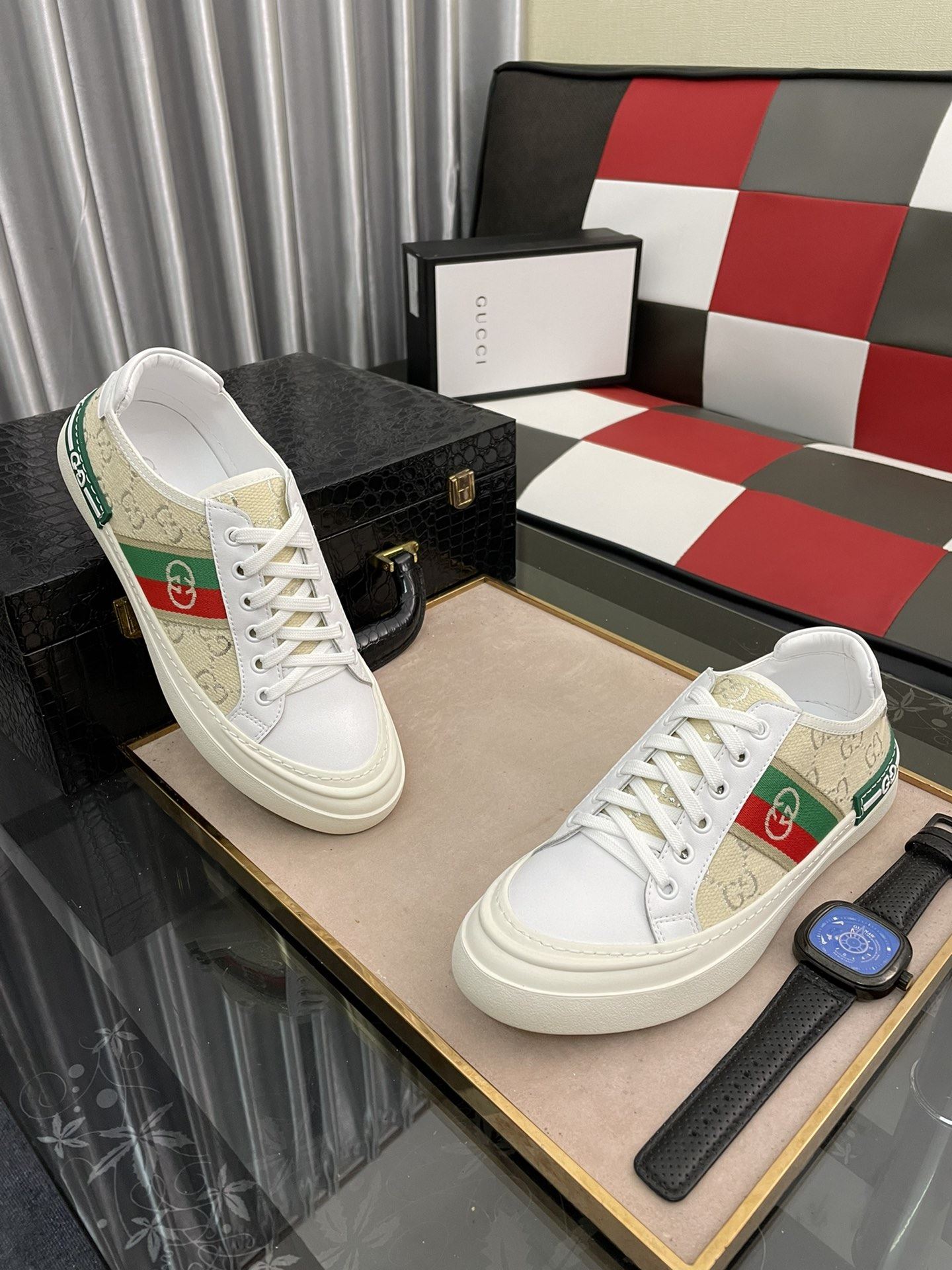 Gvc*1 Men’s GG Embroidery Sneaker With Web White And Beige For Men