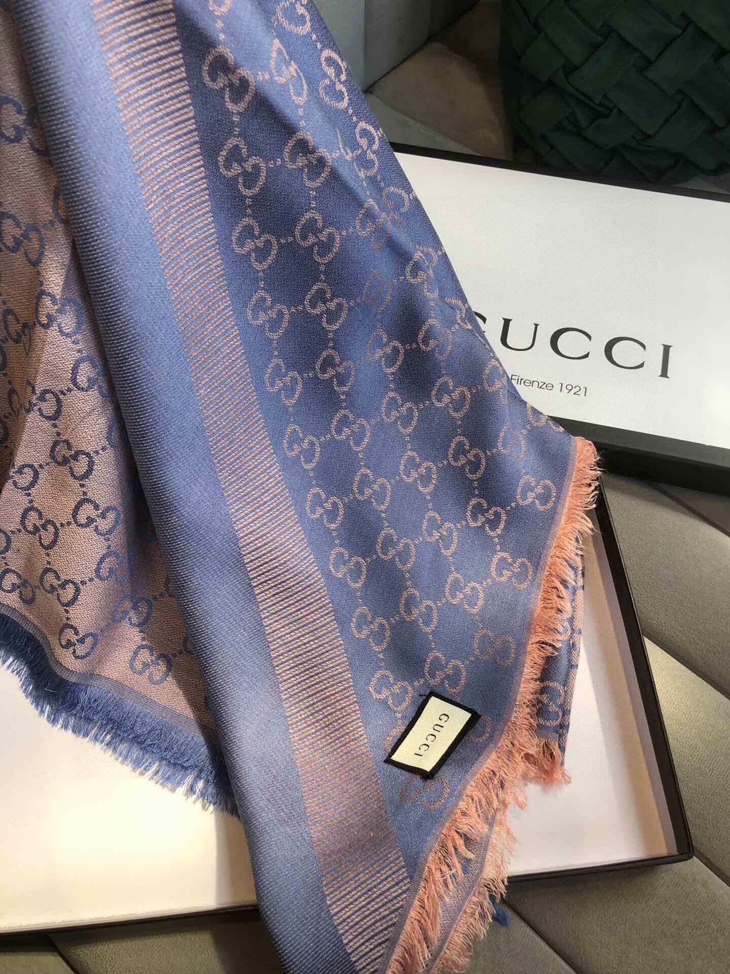 Gvc*1 GG Jacquard Silk Wool Shawl Blue 55in/140cm