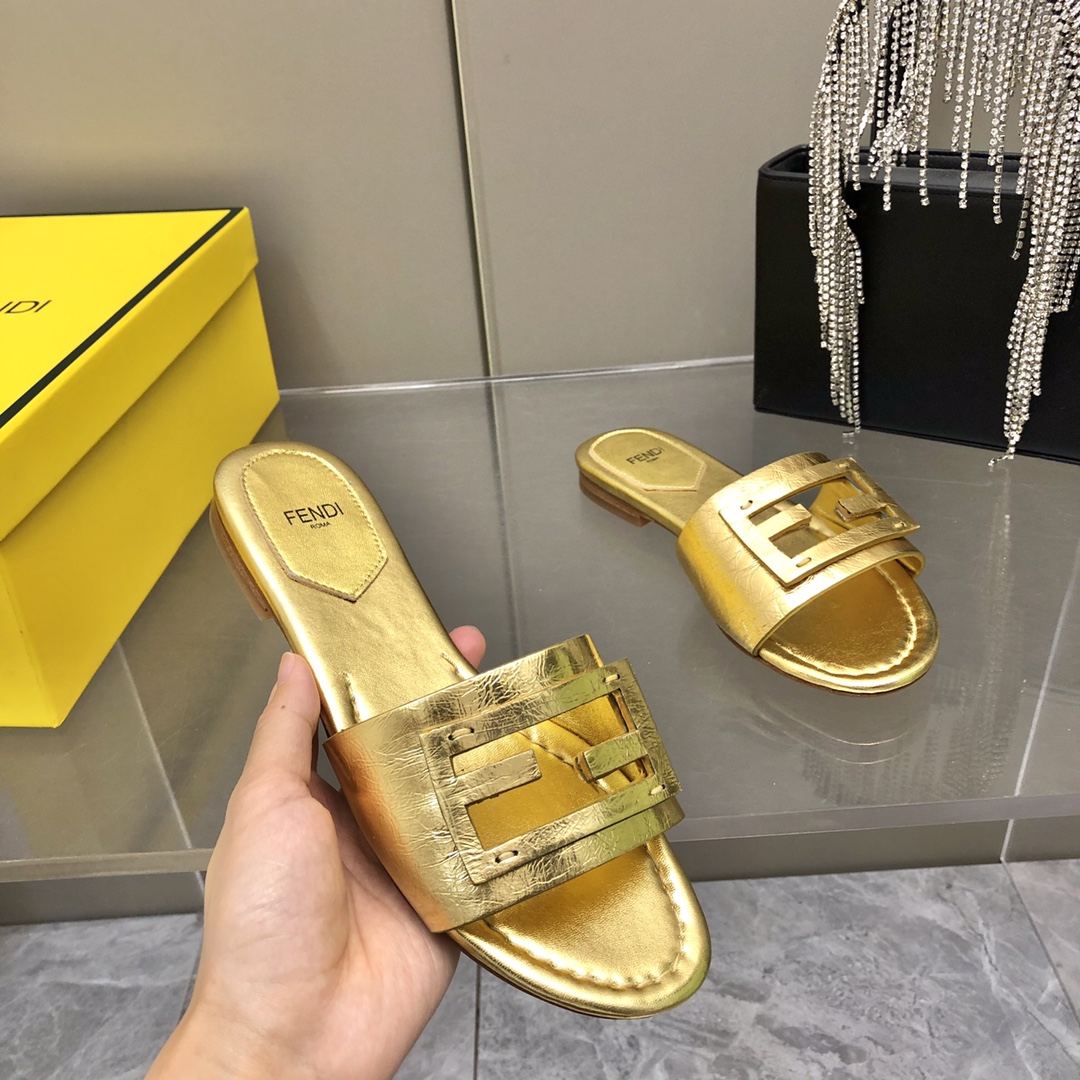 F**di Baguette Gold Nappa Slides For Women 8R8136AI16F0XV6