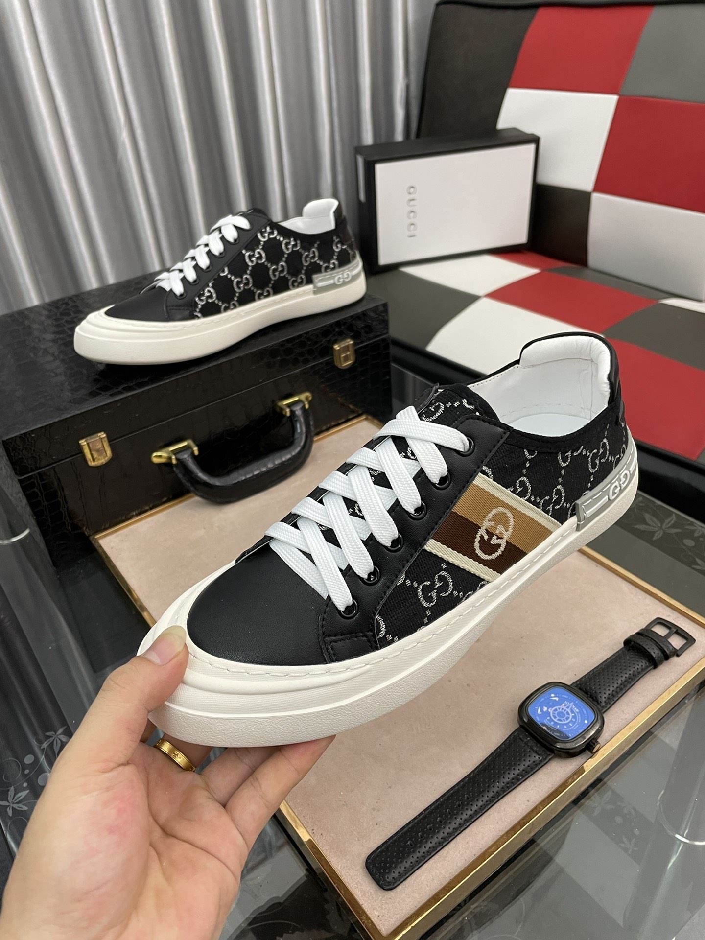 Gvc*1 Men’s GG Embroidery Sneaker With Web Black For Men