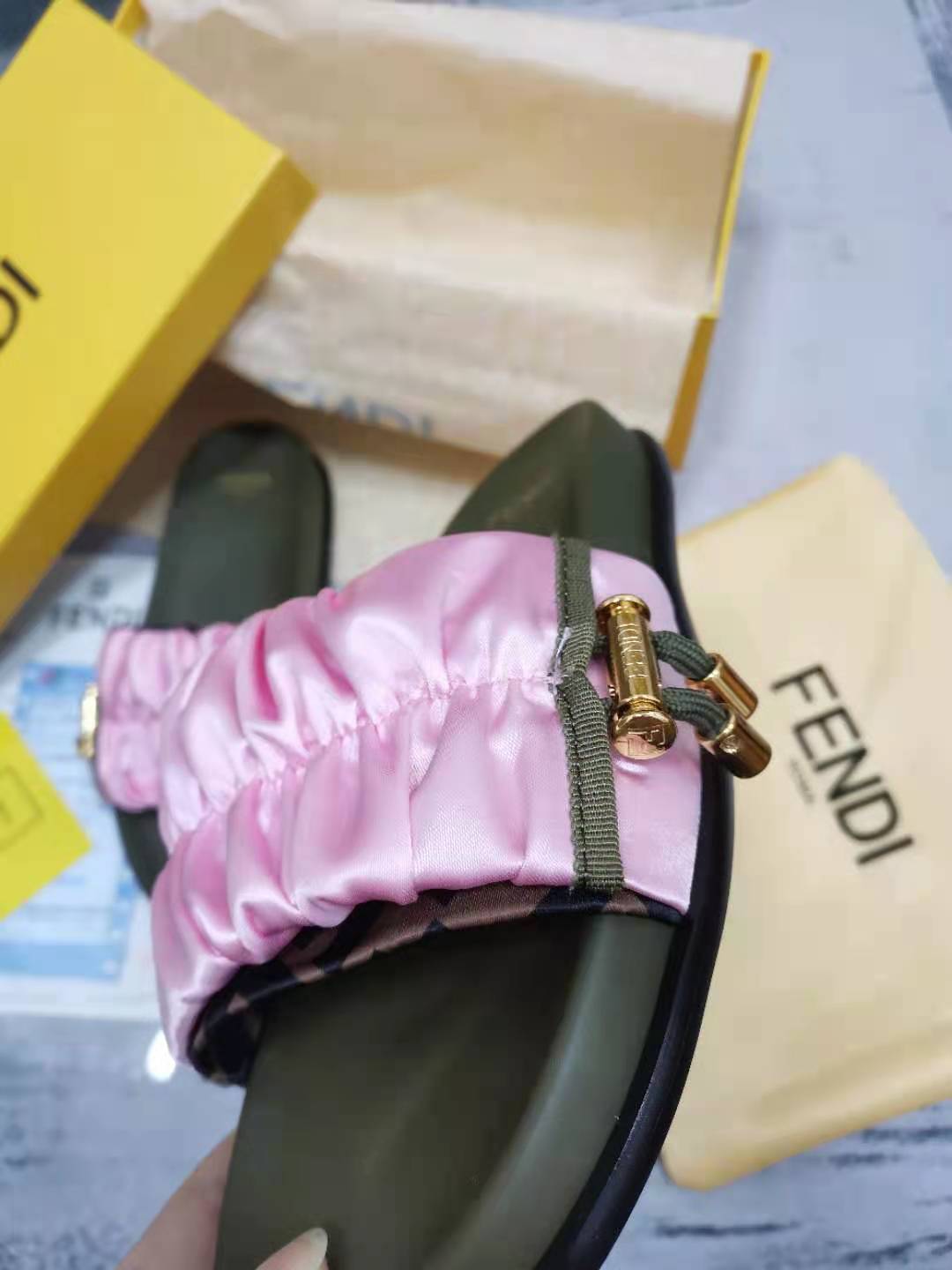 F**di Feel Pink Satin Slides For Women
