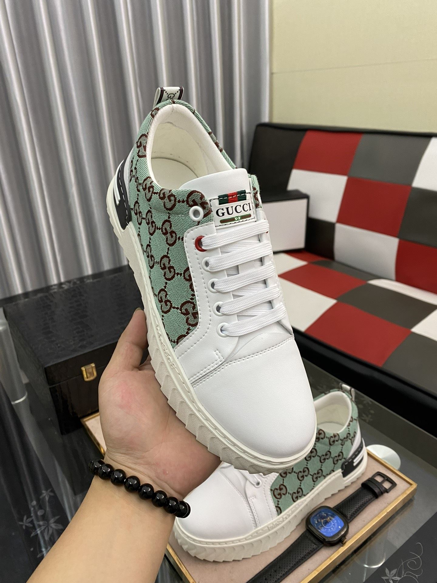 Gvc*1 Men’s GG Ace Sneaker Green And White For Men