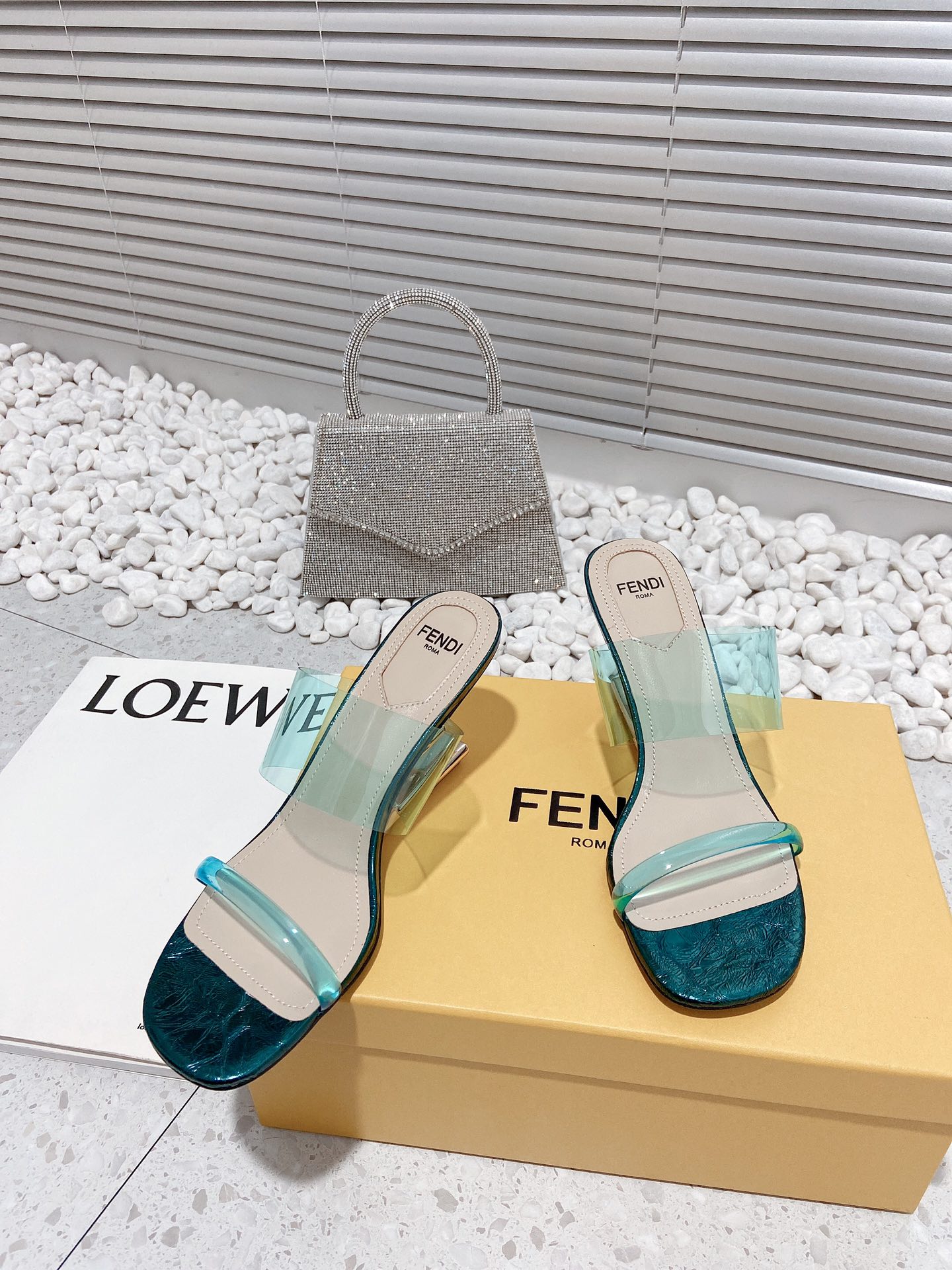 F**di First Dark Green Transparent Medium-Heeled Sandals For Women