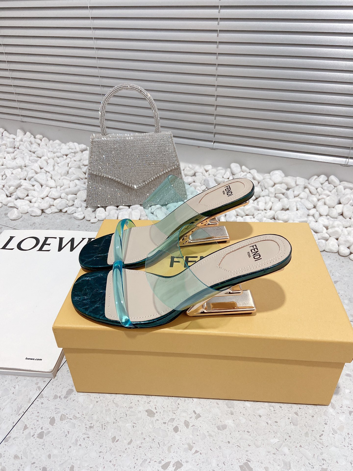 F**di First Dark Green Transparent High-Heeled Sandals For Women