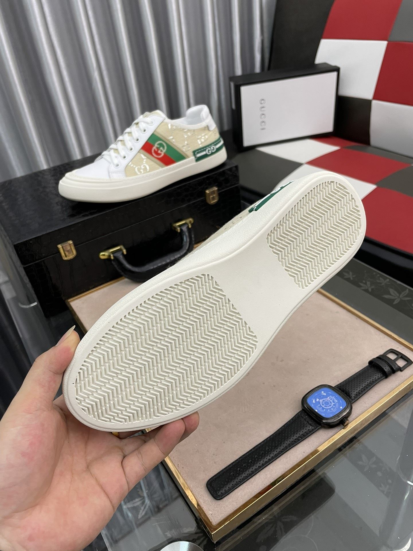 Gvc*1 Men’s GG Embroidery Sneaker With Web White And Beige For Men