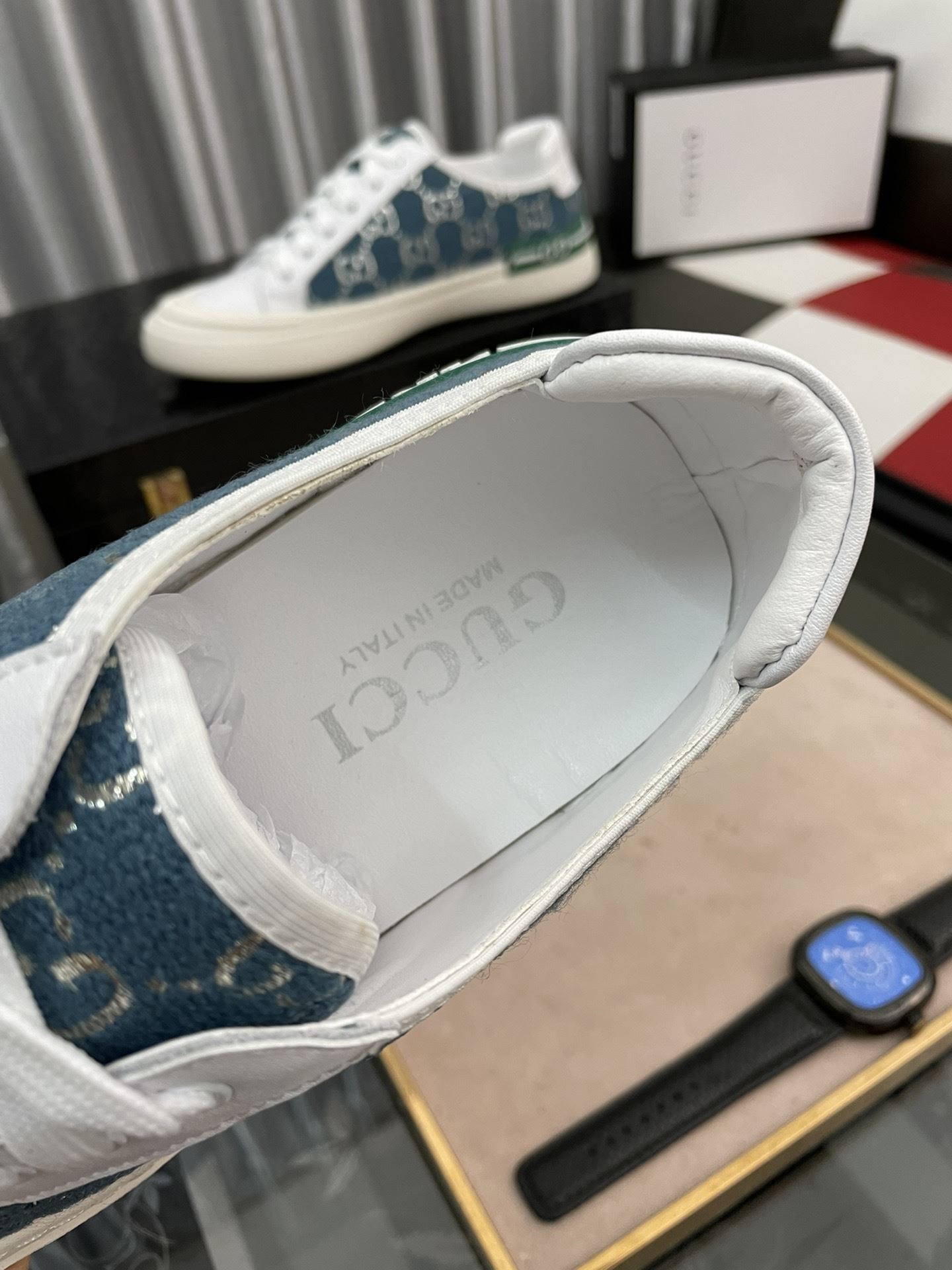 Gvc*1 Men’s GG Embroidery Sneaker With Web White And Blue For Men