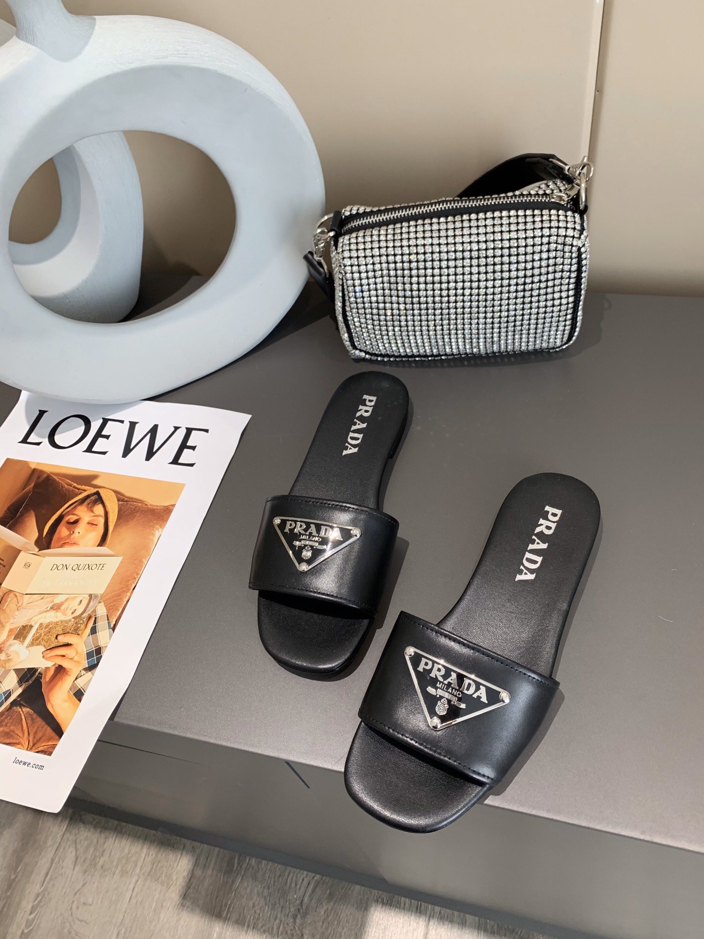 Pra*a Saffiano Slides Black For Women 0.4in/10mm PRD 1XX627_053_F0002_F_010