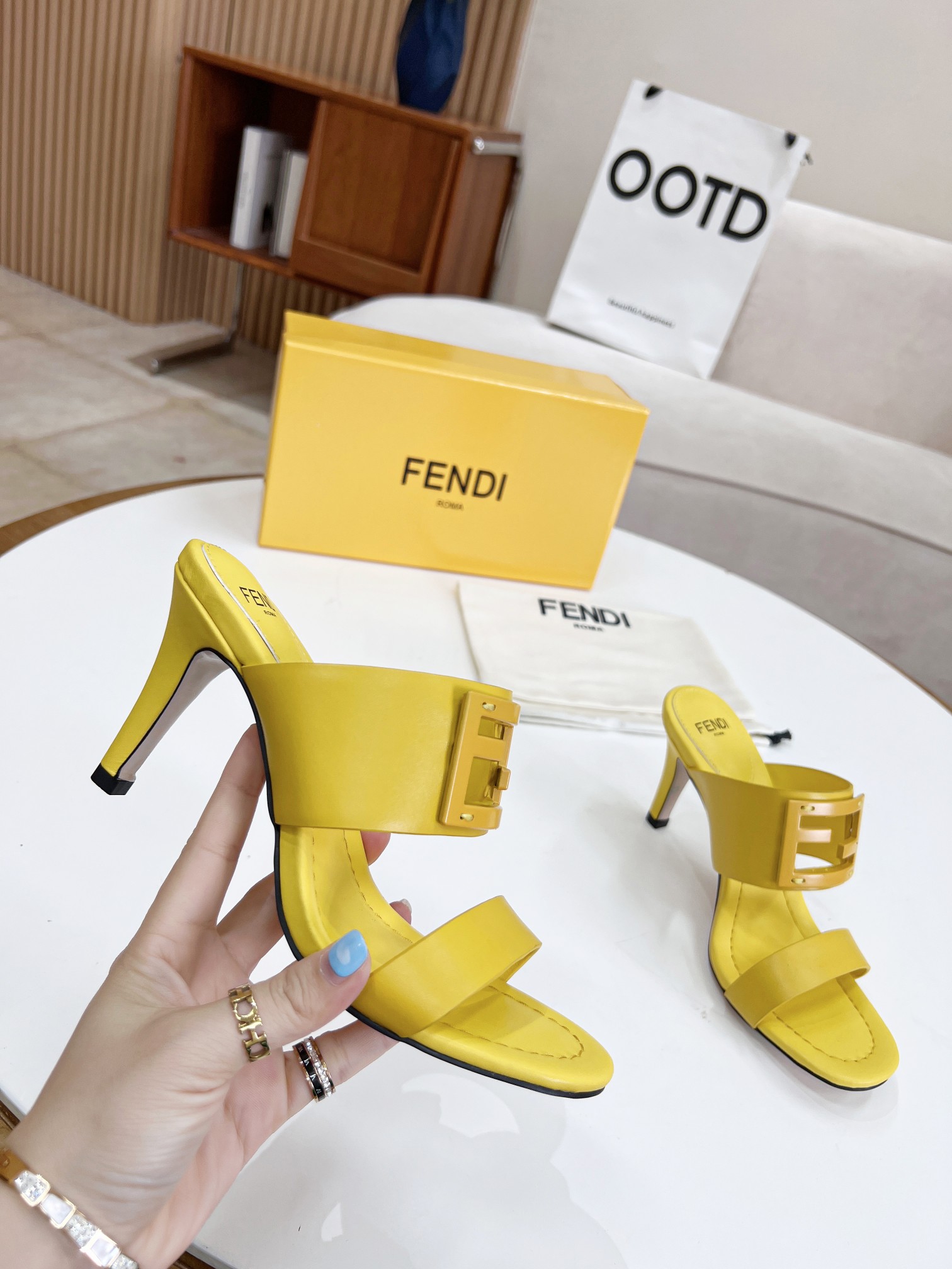 F**di Baguette Yellow Heels For Women