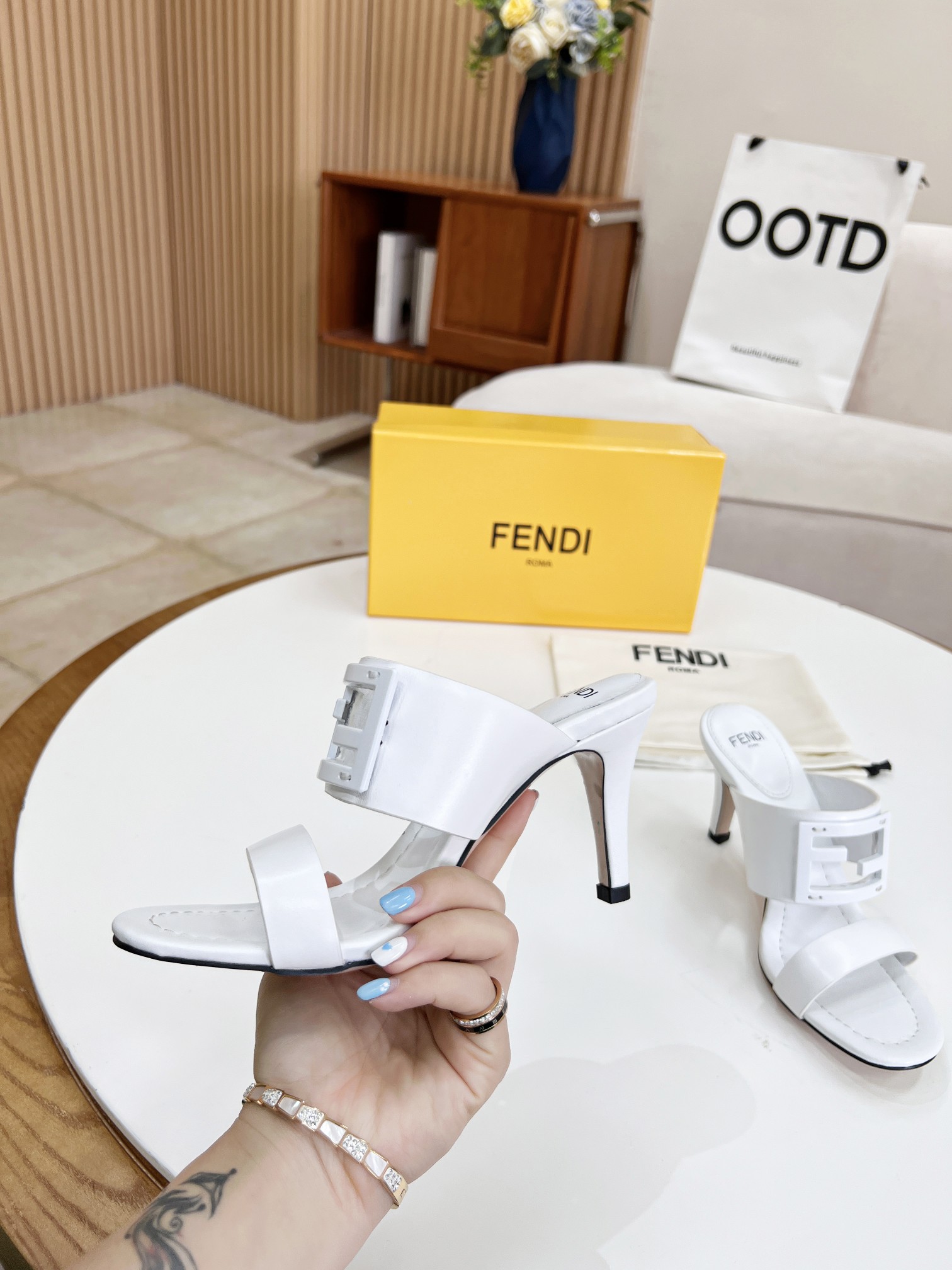 F**di Baguette White Heels For Women