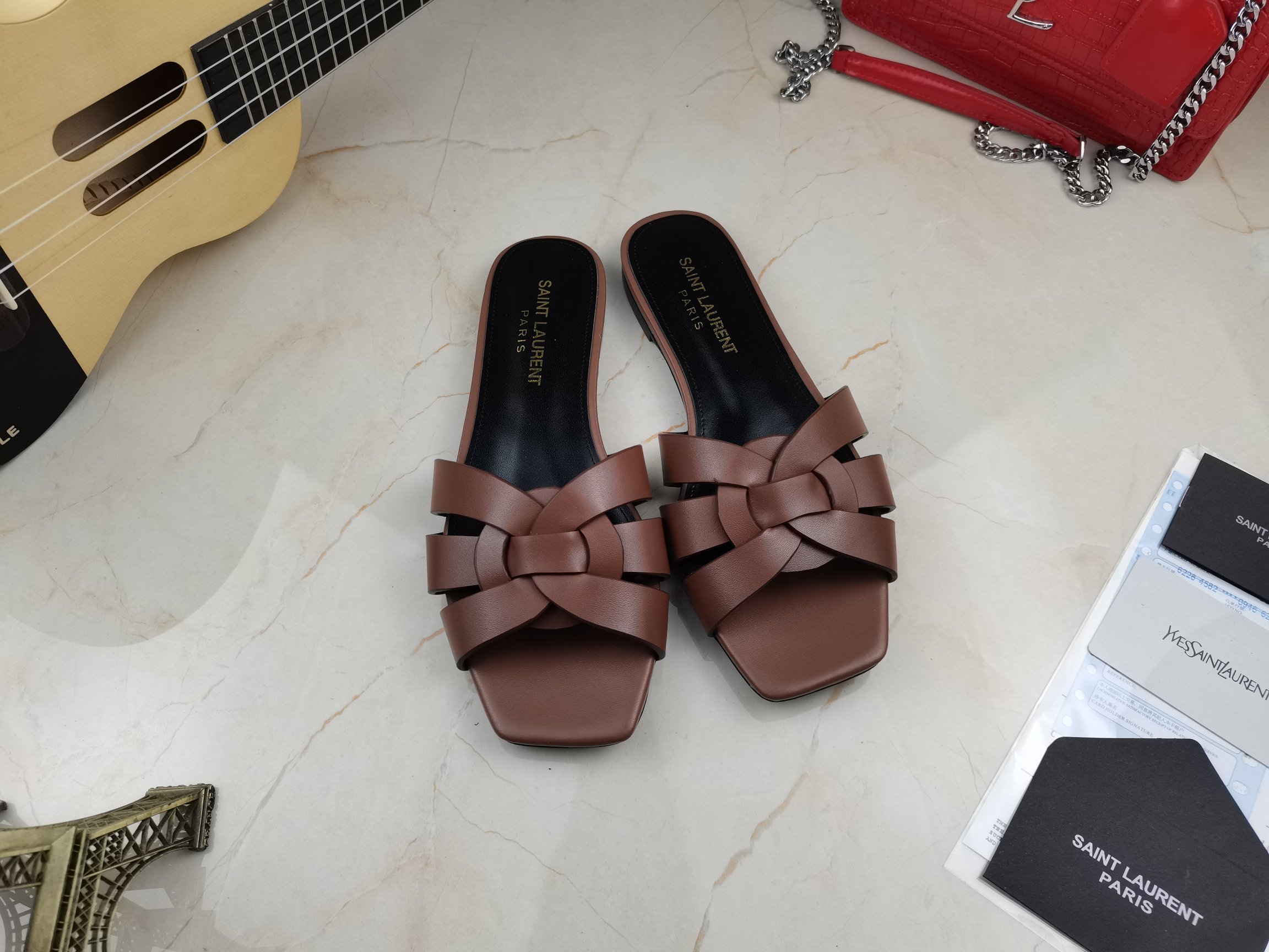 Sa1nt Lau*nt Women’s Tribute Flat Mules Brown For Women Y51