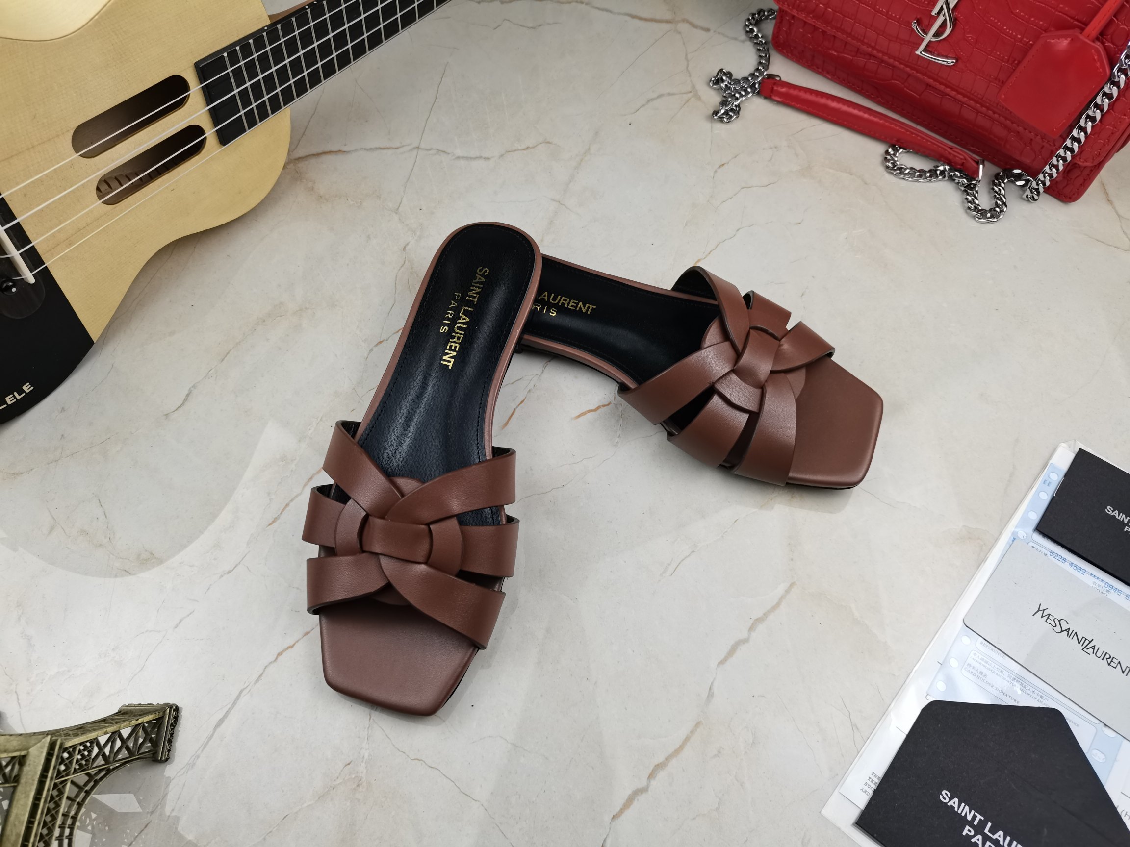 Sa1nt Lau*nt Women’s Tribute Flat Mules Brown For Women Y51