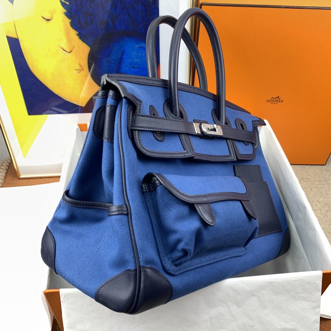 H**me5 Birkin Cargo 35 Blue, Silver Toned Hardware Bag For Women, Women’s Handbags, Shoulder Bags 13.8in/35cm