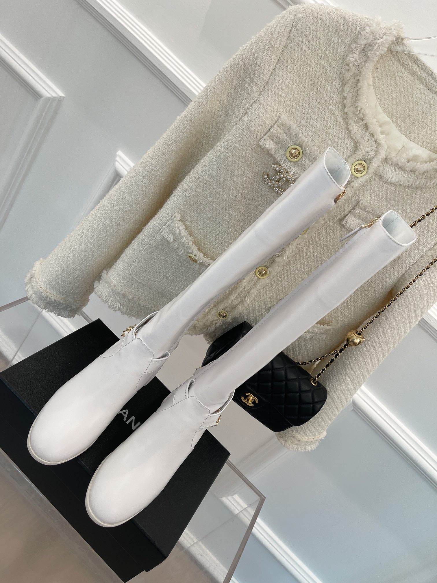 Ch**el Women’s High Boots With Chain White For Women 3.7in/ 9.5cm