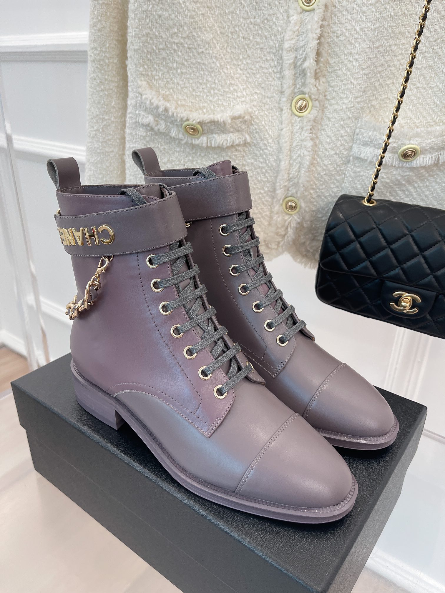 Ch**el Women’s Lace-Up With Chain Light Violet For Women 1.5in/4cm